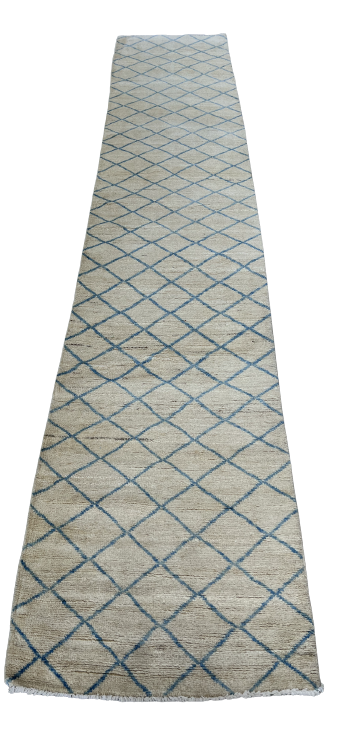 62893 Modern Moroccan Ivory and Blue Runner 2'9" x 13'